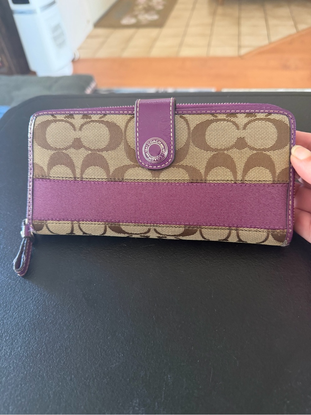 Coach Brown Signature Canvas Wallet with Purple Trim